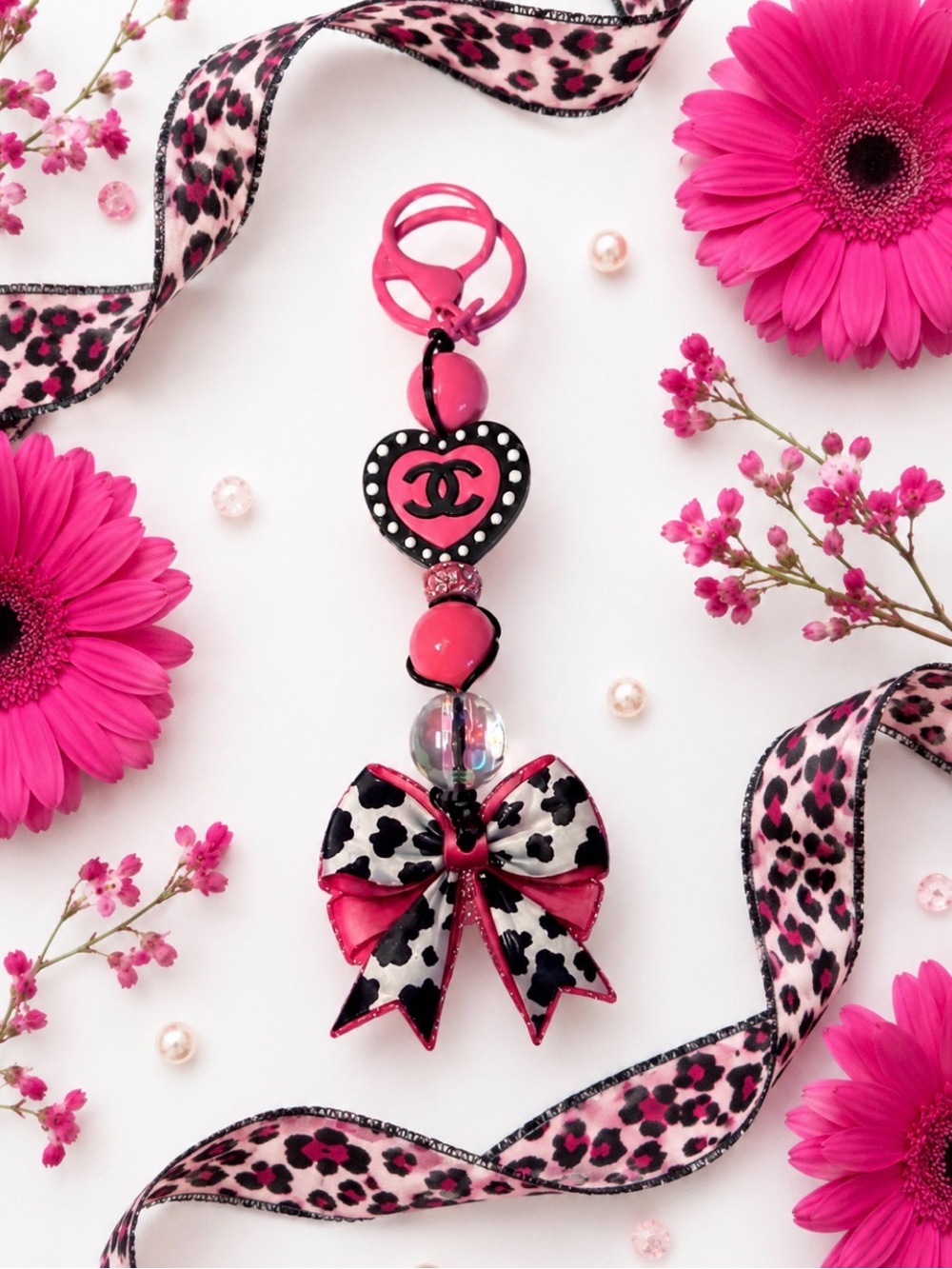 Handmade Pink Heart & Bow Keychain